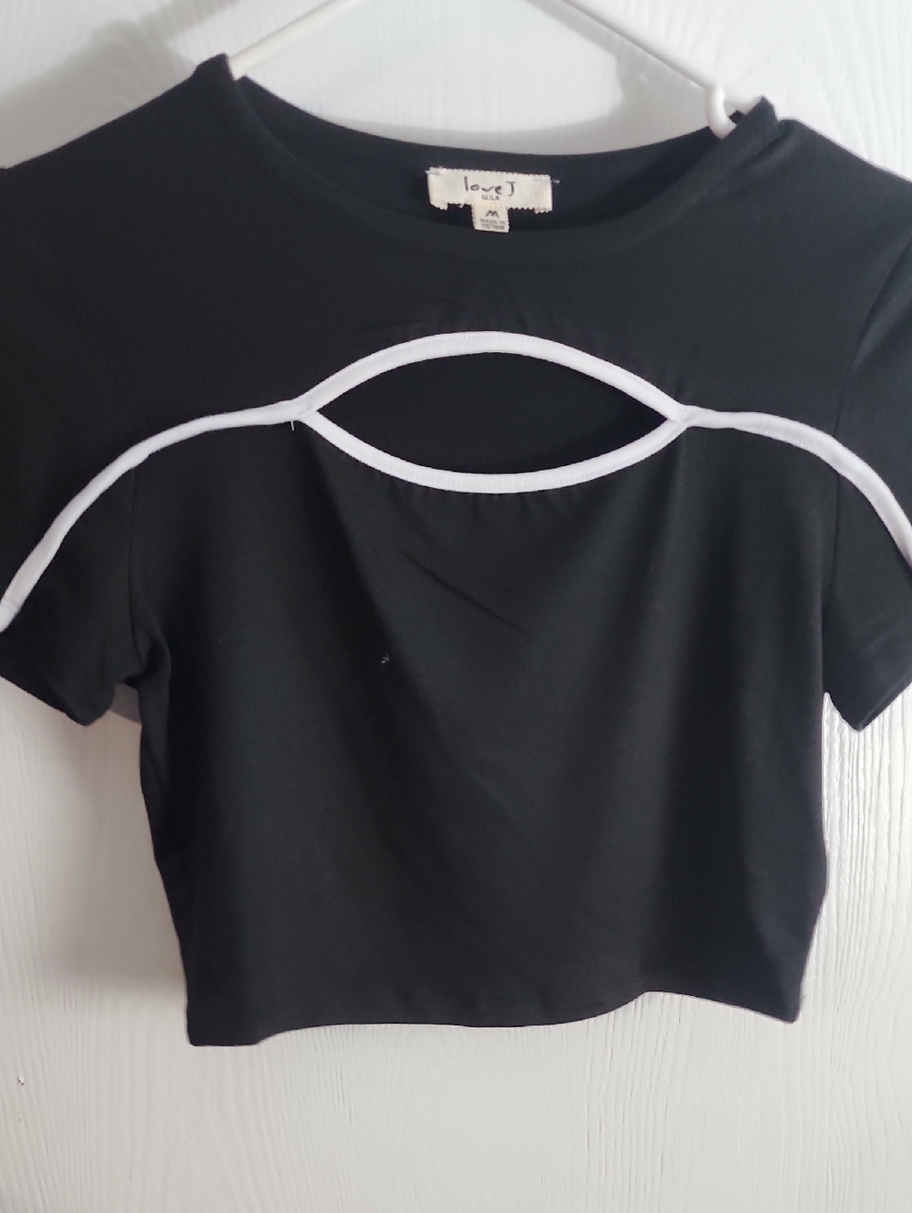 love J Black Cropped Tee with White Piping Detail